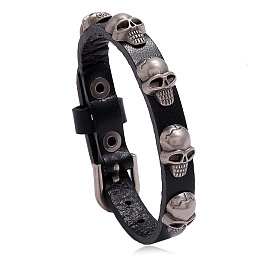 Honeyhandy Alloy Skull Rivet Studded Cowhide Cord Bracelet, Gothic Bracelet with Buckle for Men Women, Black, 9-1/2 inch(24cm)