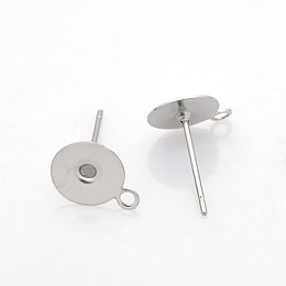 Honeyhandy 304 Stainless Steel Stud Earring Settings, Earring Posts, with Loop, Stainless Steel Color, Tray: 8mm, 10x8mm, Hole: 1mm, Pin: 0.6mm