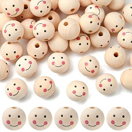 Honeyhandy Natural Wood Beads, Large Hole Beads, Round with Smile Face, PapayaWhip, 24~25x23.5mm, Hole: 5.5mm, about 100pcs/500g