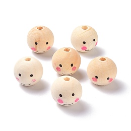 Honeyhandy (Defective Closeout Sale: Imprinted), Natural Wood Beads, Large Hole Beads, Round with Smile Face, PapayaWhip, 24x23mm, Hole: 5mm, about 100pcs/500g