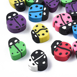 Honeyhandy Handmade Polymer Clay Beads, Ladybug, Mixed Color, 8~12x7.5~10x4~5mm, Hole: 1.5~2mm