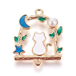 Honeyhandy Zinc Alloy Links connectors, with Enamel and Acrylic Pearl, Cat, Light Gold, Blue, 27.5x23x5mm, Hole: 1.5mm