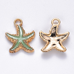 Honeyhandy Alloy Enamel Pendants, Starfish, Light Gold, Pale Green, 18x15x3mm, Hole: 2.5mm