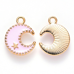 Honeyhandy Alloy Enamel Pendants, Moon & Star, Light Gold, Pink, 16x13x2mm, Hole: 1.8mm