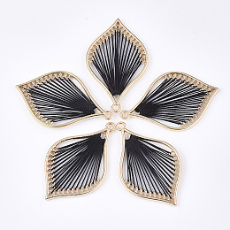 Honeyhandy Cotton Thread Woven Pendants, with Alloy Findings, Leaf, Golden, Black, 43x26.5x2mm, Hole: 1.8mm