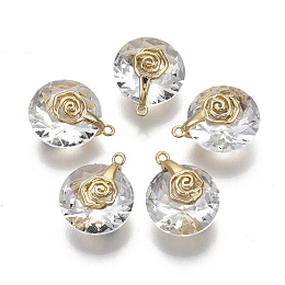 Honeyhandy Valentine's Day Glass Pendants, with Light Gold Plated Brass Ice Pick Pinch Bails, Faceted, Flat Round with Rose & Heart, Clear, 17~18x14x10mm, Hole: 1.2mm