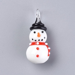 Honeyhandy Christmas Handmade Lampwork Pendants, 3D Snowman, Red, 44~47x19.5x22mm, Hole: 4.5~7.5mm