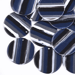 Honeyhandy Resin Pendants, Flat Round, Stripe Pattern, Black, 34.5x1.5mm, Hole: 1.8mm