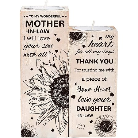 SUPERDANT 2 pcs/Set to My Mother-in-Law Personalized Tealight Candle Holder Sunflower Pattern Wood Candle Holder Wooden Candlestick Holders Handmade Decorative Tea Light Candle Holder Set