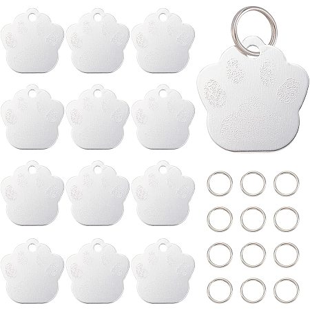BENECREAT 30 Sets Aluminum Dog Paw Stamping With Split Rings 1.3inch Metal Silver Pet Tags for DIY Crafts