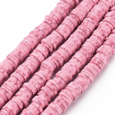 Honeyhandy Handmade Polymer Clay Beads Strands, for DIY Jewelry Crafts Supplies, Heishi Beads, Disc/Flat Round, Pink, 6x0.5~1mm, Hole: 1.8mm, about 320~447pcs/strand, 15.75 inch~16.14 inch(40~41cm)