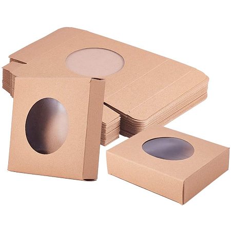 BENECREAT 24 Packs Brown Kraft Square Paper Boxes Gift Wrapping Box with Round Clear Window 4x4x0.9 for Homemade Soap, Party Favor Treats and Jewelry Packaging
