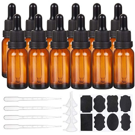 BENECREAT 15 Packs 15ml Amber Brown Glass Dropper Bottle Vials Glass Eye Dropper Bottle with Labels, Plastic Hoppers and Droppers for Essential Oil Aromatherapy Fragrance