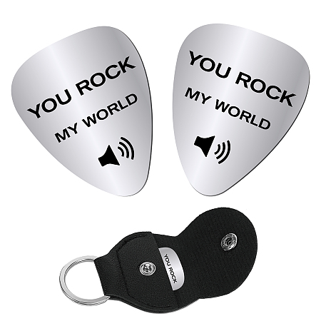 CREATCABIN 2pcs Guitar Picks You Rock My World Gift Electric Guitar Accessories for Husband Boyfriend Dad Valentine's Day Birthday Father's Day Anniversary with PU Leather Keychain 1.26 x 0.86 Inch