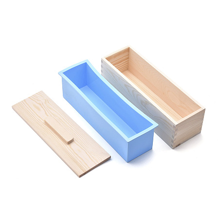 Honeyhandy Rectangular Pine Wood Soap Molds Sets, with Silicone Mold, Wood Box and Cover, DIY Handmade Loaf Soap Mold Making Tool, Dodger Blue, 28x8.9x10.4cm, Inner Diameter: 7x25.9cm, 3pcs/set