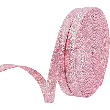AHANDMAKER 10 Yards Sparking Glitter Ribbon, 3/8 inch Glitter Shiny Faux Leather Strips Metallic Pink Trim for Gift Wrapping DIY Hair Bow Jewelry Crafts Supplies Home Wedding Valentine's Day Decor