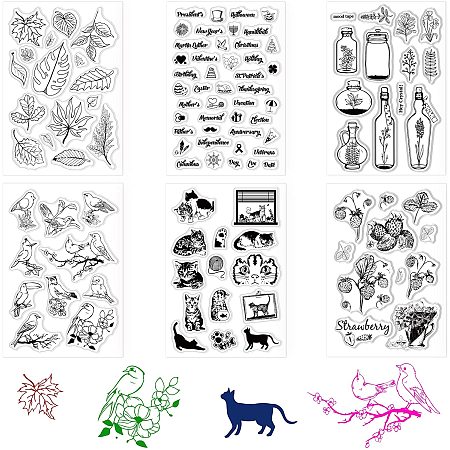 GLOBLELAND 6 Sheets Silicone Clear Stamps for Card Making Decoration and DIY Scrapbooking(Festivals, Bottle Plants, Cats, Leaves, Birds, Strawberries)