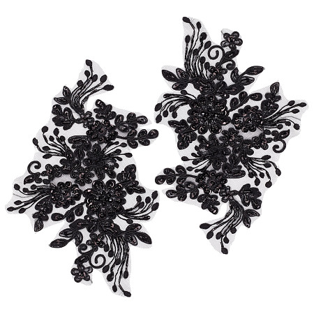 GORGECRAFT 2Pcs Pearl Flower Embroidery Lace Patches 3D Floral Black Floral Embroidered Sew on Appliques Lace Fabric Trimmings for Headpiece Clothing Bridal Accessories Supply Craft DIY