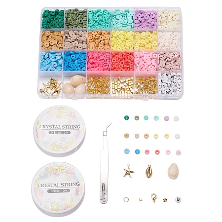 Arricraft DIY Summer Style Jewelry Set Kits, Including 18 Colors Handmade Polymer Clay Heishi Beads, Cowrie Shell & Acrylic Beads, Zinc Alloy Lobster Claw Clasps, Alloy Pendants, Elastic Crystal Thread, Mixed Color, 6x0.5~1mm, Hole: 2mm
