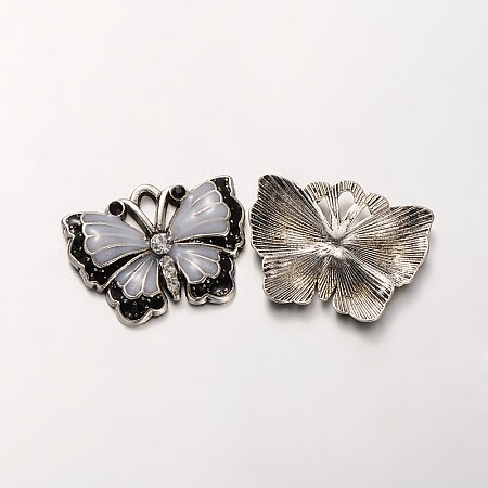 Butterfly Antique Silver Tone Alloy Rhinestone Enamel Pendants, Gainsboro & Black, 21x27x4mm, Hole: 4x2mm