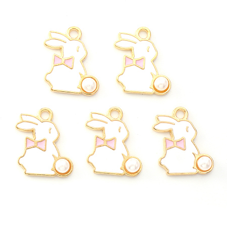 Honeyhandy Light Gold Plated Alloy Enamel Pendants, Rabbit with Pearl, Pink, 17x13x1.5mm, Hole: 1.8mm