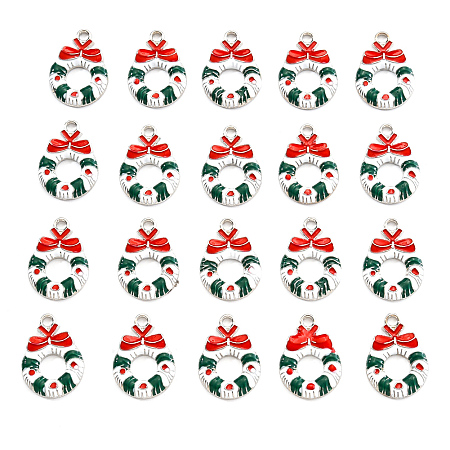20Pcs Platinum Alloy Enamel Pendants, for Christmas, Christmas Wreath with Bowknot, Colorful, 23x16x3mm, Hole: 2mm