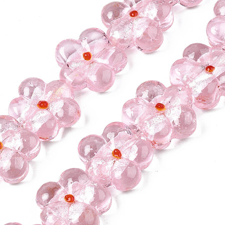 Handmade Silver Foil Lampwork Beads Strands, Flower, Pearl Pink, 22~23x23x9~10mm, Hole: 1.2mm, about 20pcs/strand, 16.54 inch~16.93 inch(42cm~43cm)