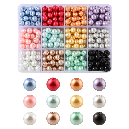 360Pcs 12 Colors Baking Painted Glass Pearl Beads, Pearlized, Round , Mixed Color, 8~9mm, Hole: 1mm, 30pcs/color