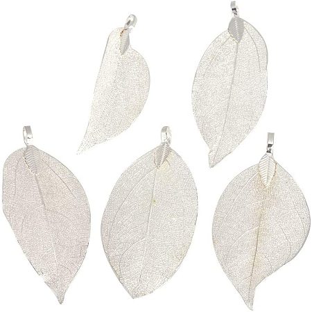 Pandahall Elite 10pcs Natural Filigree Long Leaf Pendant for Necklace Earrings Making Fashion Gifts for Women Girls - Silver Plated