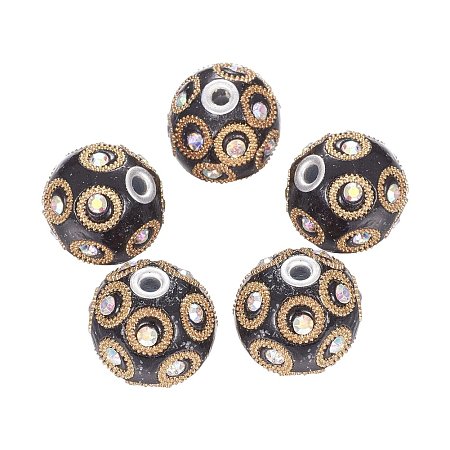 ARRICRAFT 5 PCS Round Black Handmade Indonesia Beads with Rhinestones Silver Plated Alloy Cores, 23x21mm, Hole: 3mm