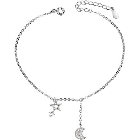 SHEGRACE Star and Moon Anklet,925 Sterling Silver Charms Anklet Bracelet for Women Beach, Casual