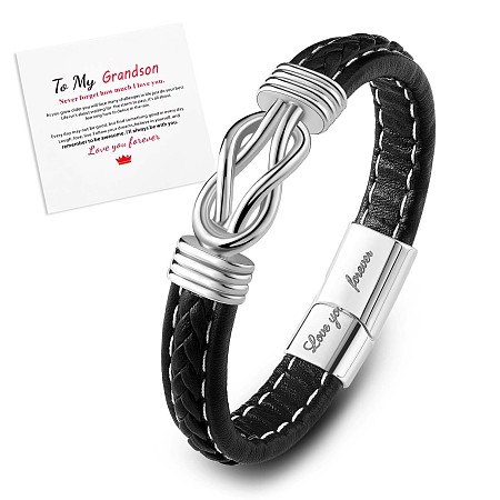 Arricraft Word Love You Forever Stainless Steel Interlocking Knot Link Bracelet, Braided Leather Wristband Gifts for Grandson, Black, 8-7/8 inch(22.5cm)