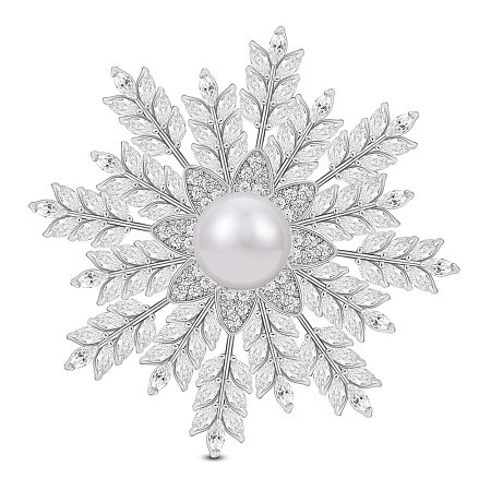 SHEGRACE Brass Safety Brooch, with Grade AAA Cubic Zirconia and Shell Pearl, Snowflake, Platinum, 52.5mm