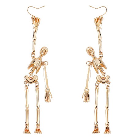 SHEGRACE Alloy Skeleton Dangle Earrings, Gothic Halloween Long Drop Earrings for Women Men, Golden, 141mm, Pin: 0.8mm