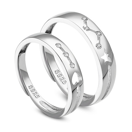 SHEGRACE Adjustable 925 Sterling Silver Couple Rings, with Grade AAA Cubic Zirconia, Star and Heart, Platinum, Size 9, 19mm, Size 6, 16.86mm