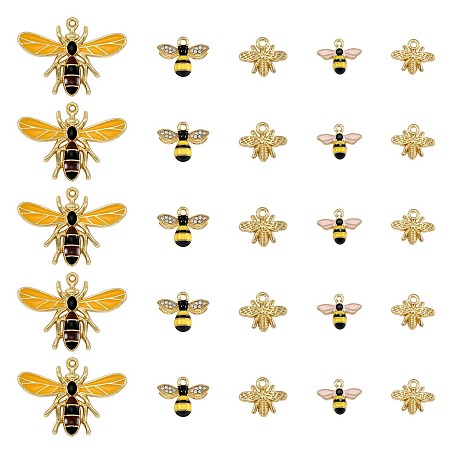 20Pcs 4 Style Alloy Rhinestone Pendants, with Enamel, Hornet & Bee & Bumblebee, Golden, Mixed Color, 10x15mm, 5pcs/style