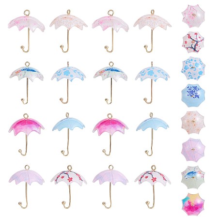 Arricraft 16Pcs Acrylic Umbrella Charms Pendants Acrylic Dangle Charm with Brass Loops for Jewelry Necklace Earring Making Handmade, Mixed Color, 23.5x19mm, Hole: 2mm