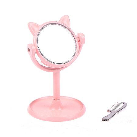 Honeyhandy Miniature Cute Cat's Head Alloy Makeup Mirrors, with Comb, for Dollhouse Tabletop Decoration, Pink, 43mm