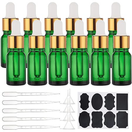 BENECREAT 15 Pack 10ml Refillable Green Glass Bottles Empty Eye Glass Dropper Bottles with 10Pcs droppers 4Pcs funnels 2Pcs Sheets for Traveling Essential Oils, Perfume Cosmetic Liquid