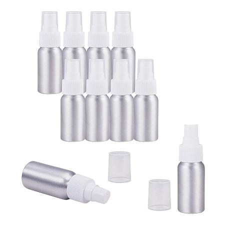 PandaHall Elite 10 Pack 1-Ounce (30ml) White Aluminum Fine Mist Spray Bottles Platinum Metal Atomizer Bottles for Travel, Storage