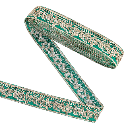 FINGERINSPIRE 10 Yards/9.1m 30mm Green Gold Vintage Jacquard Ribbon Trim Floral Leaves Pattern Embroidered Woven Trim Ethnic Style Polyester Ribbons Retro Fabric Trim for Clothing Curtain Decor