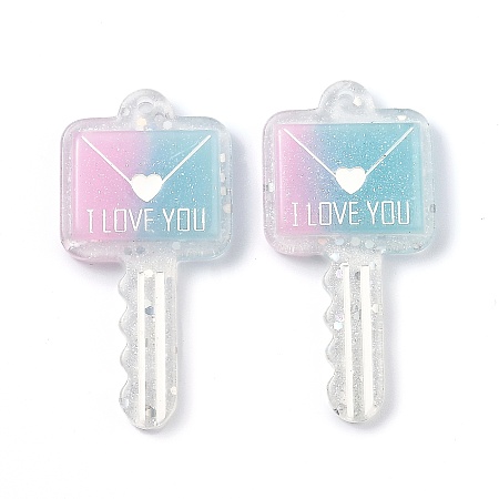 Honeyhandy Two Tone Resin Big Pendants, Valentine's Day Theme, Glitter Powder, Envelope Key with Word I LOVE YOU, Pink, 57.5x28x6mm, Hole: 2.3mm