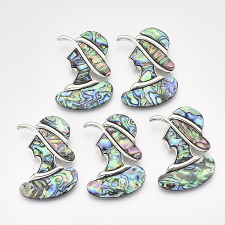 ARRICRAFT Abalone Shell/Paua Shell Broochs/Pendants, with Alloy Findings and Resin Bottom, Woman, Platinum, Colorful, 53x39x10.5mm, Hole: 6x5mm, Pin: 0.6mm