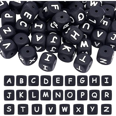Arricraft 52 Pcs Black Silicone Bead, 12mm Cube Beads with Letter, Alphabet Teething Beads for Nursing Necklace Accessories Jewelry Making