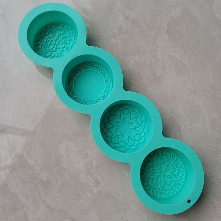 Honeyhandy DIY Soap Silicone Molds, for Handmade Soap Making, Flat Round with Floral Pattern, 4 Cavities, Turquoise, 325x91x30mm, Inner Diameter: 68x27mm