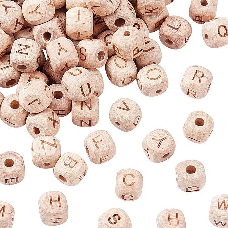 OLYCRAFT 208pcs 10mm Alphabet Wooden Beads Natural Wood Color Square Letters Wooden Beads Wooden Loose Beads with Initial Letter for DIY Crafts - Uppercase