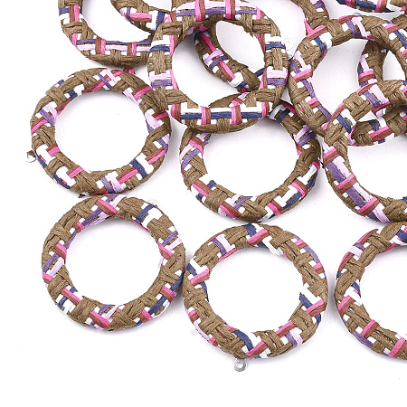 Handmade Raffia Woven Pendants, with Iron & Aluminum Findings, Ring, Platinum, Saddle Brown, 41x38x5mm, Hole: 1.4mm