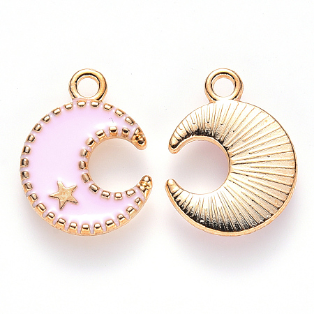 Honeyhandy Alloy Enamel Pendants, Moon & Star, Light Gold, Pink, 16x13x2mm, Hole: 1.8mm
