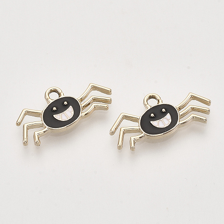 Light Gold Plated Alloy Pendants, with Enamel, Spider, Black, 10.5x22x2mm, Hole: 2mm
