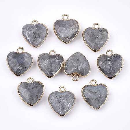 Honeyhandy Electroplate Natural Labradorite Pendants, with Cadmium Free & Nickel Free & Lead Free Iron Findings, Faceted, Heart, Golden, 16~17x14~15x6~7mm, Hole: 1.8mm